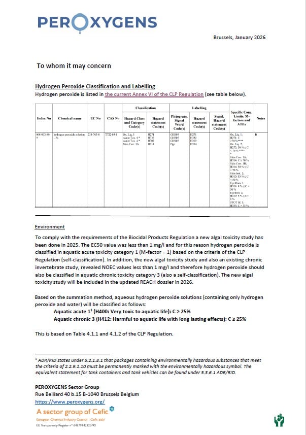 H2O2 classification and labelling proposal- April 2026